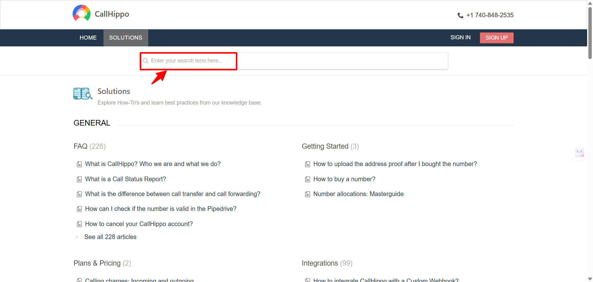 Typing a question into the CallHippo Need Help search bar