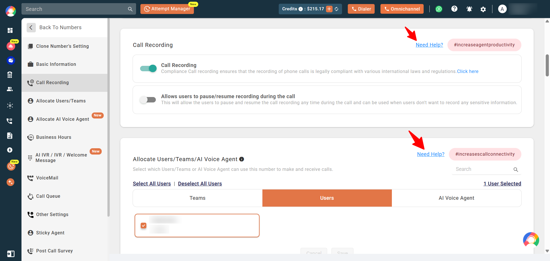 Blue Need Help link shown against a feature in CallHippo