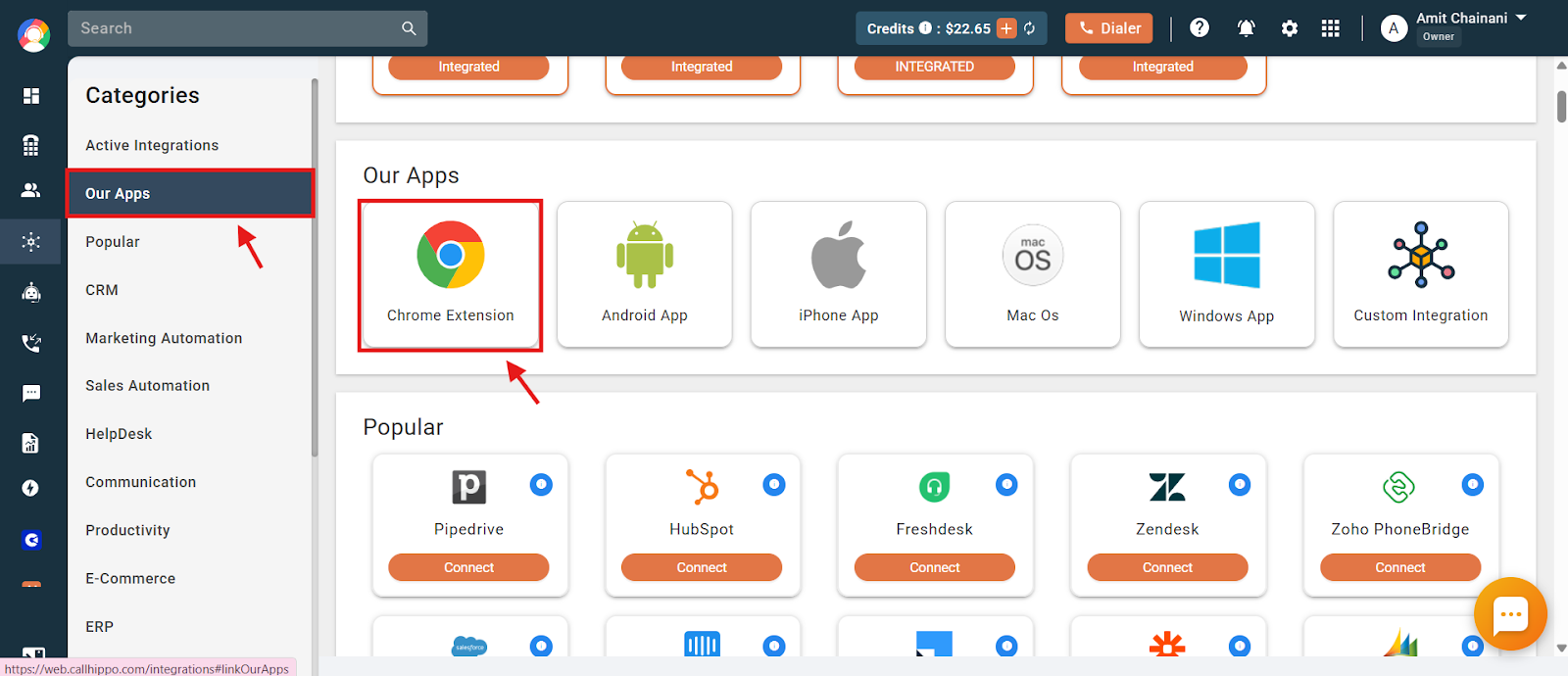 Our Apps with the Chrome Extension option in CallHippo