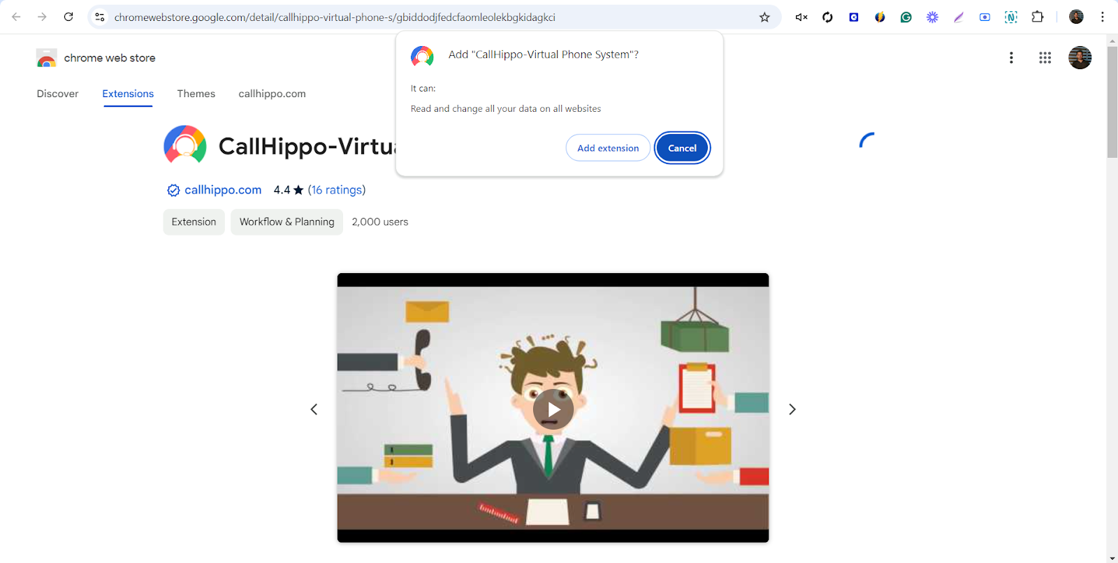 Chrome confirmation popup to add the CallHippo extension