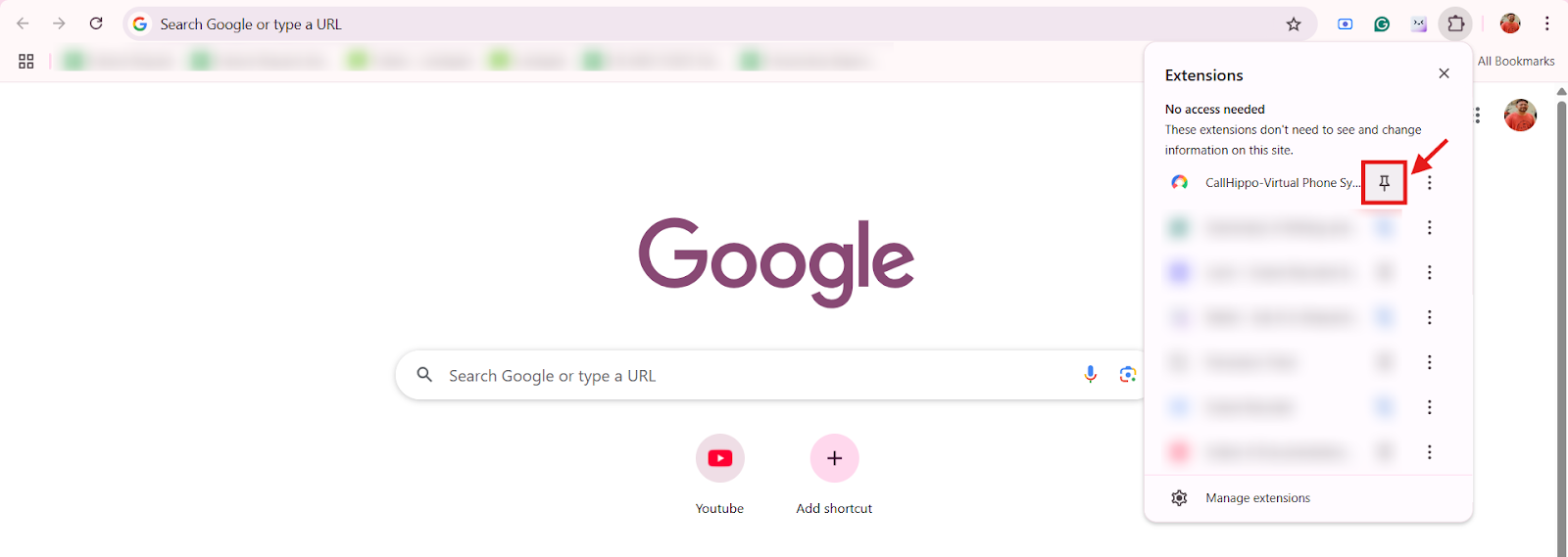 Pin icon to pin the CallHippo extension in Chrome
