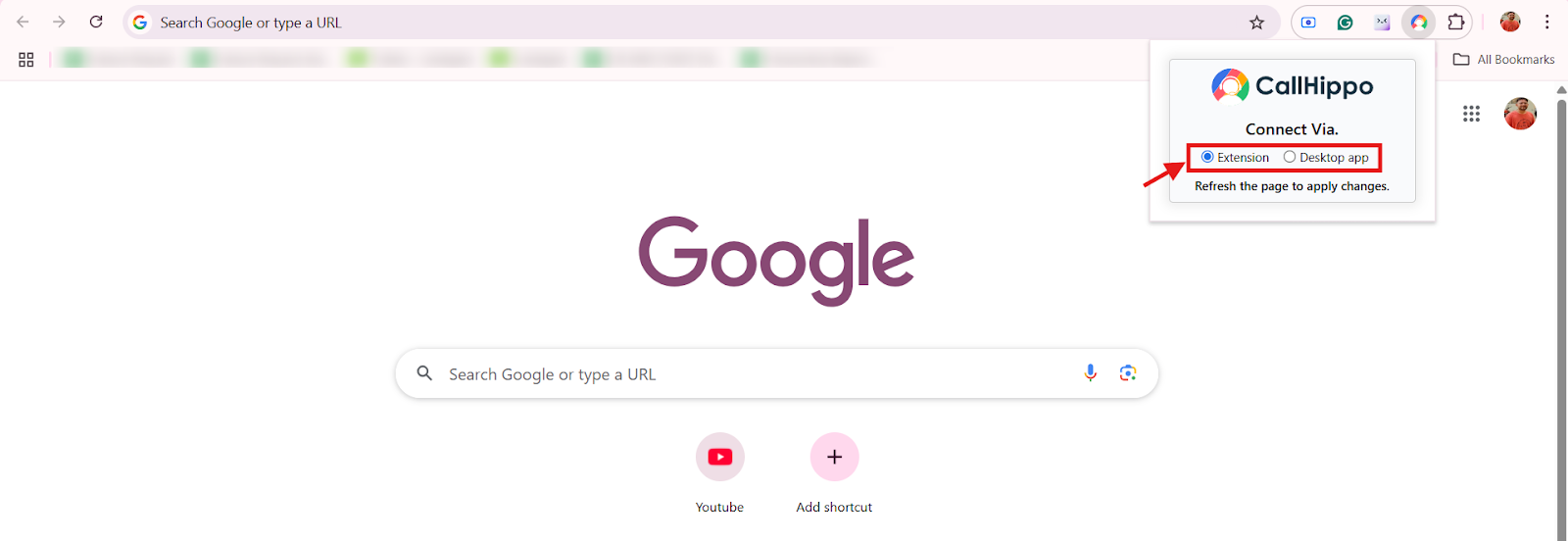 Selecting Desktop app or Extension as the calling option