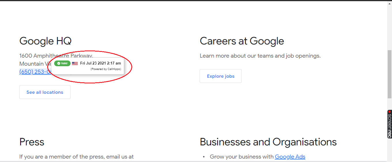 Hovering over a phone number to validate it with Click-to-Call