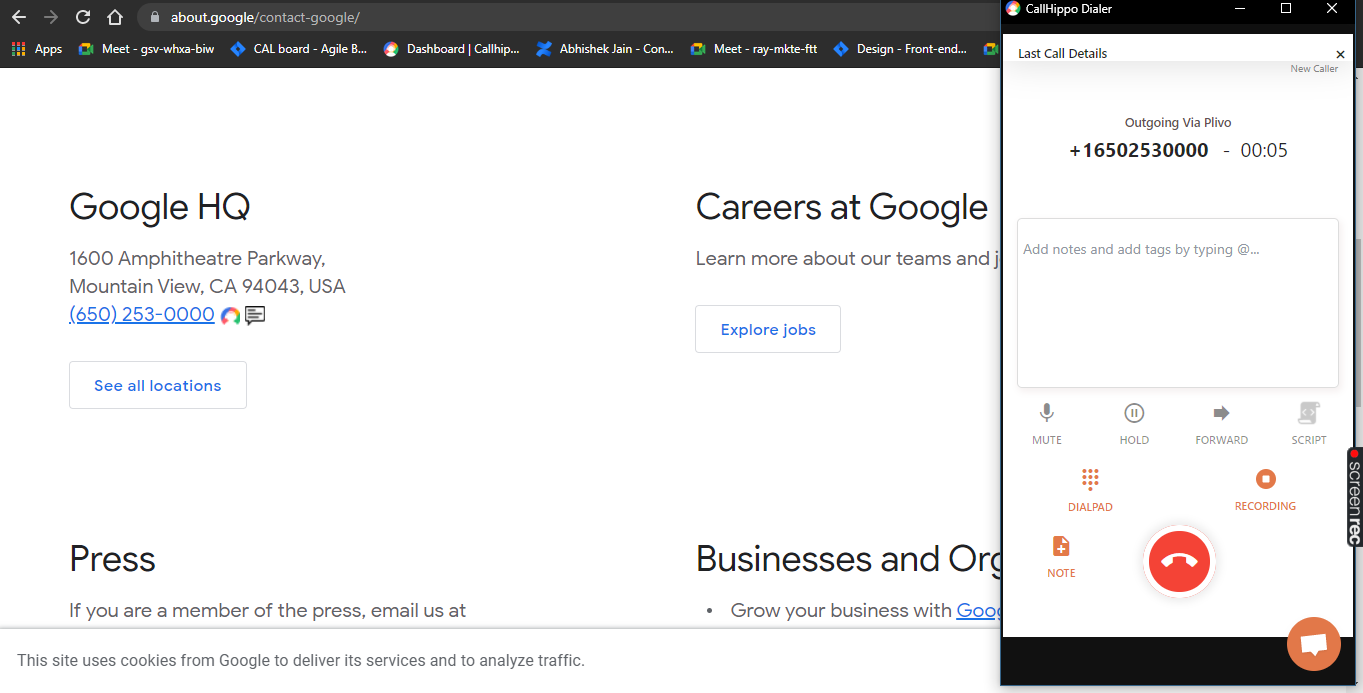 Clicking a phone number to place a call via Click-to-Call