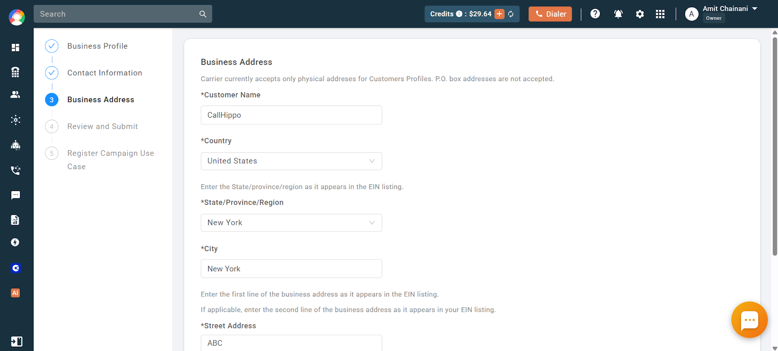 Business Address step of the SMS verification form