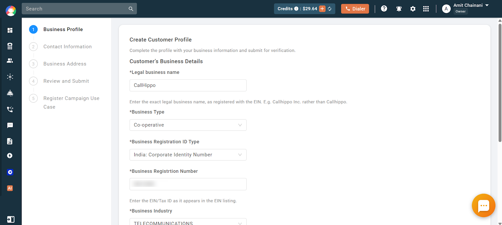 Business Profile step of the SMS verification form