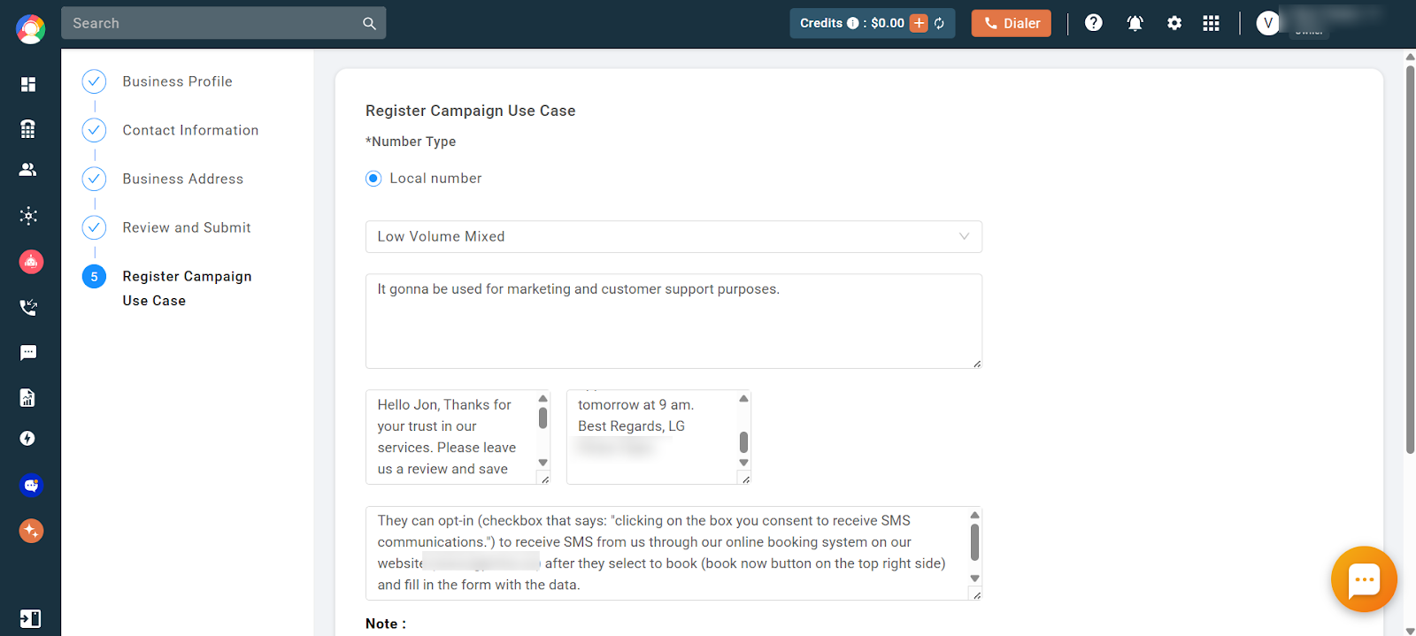 Register Campaign Use Case step of the SMS verification form