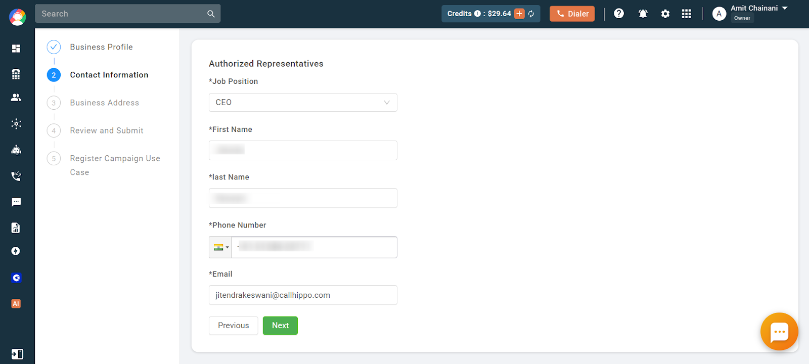 Contact Information step of the SMS verification form