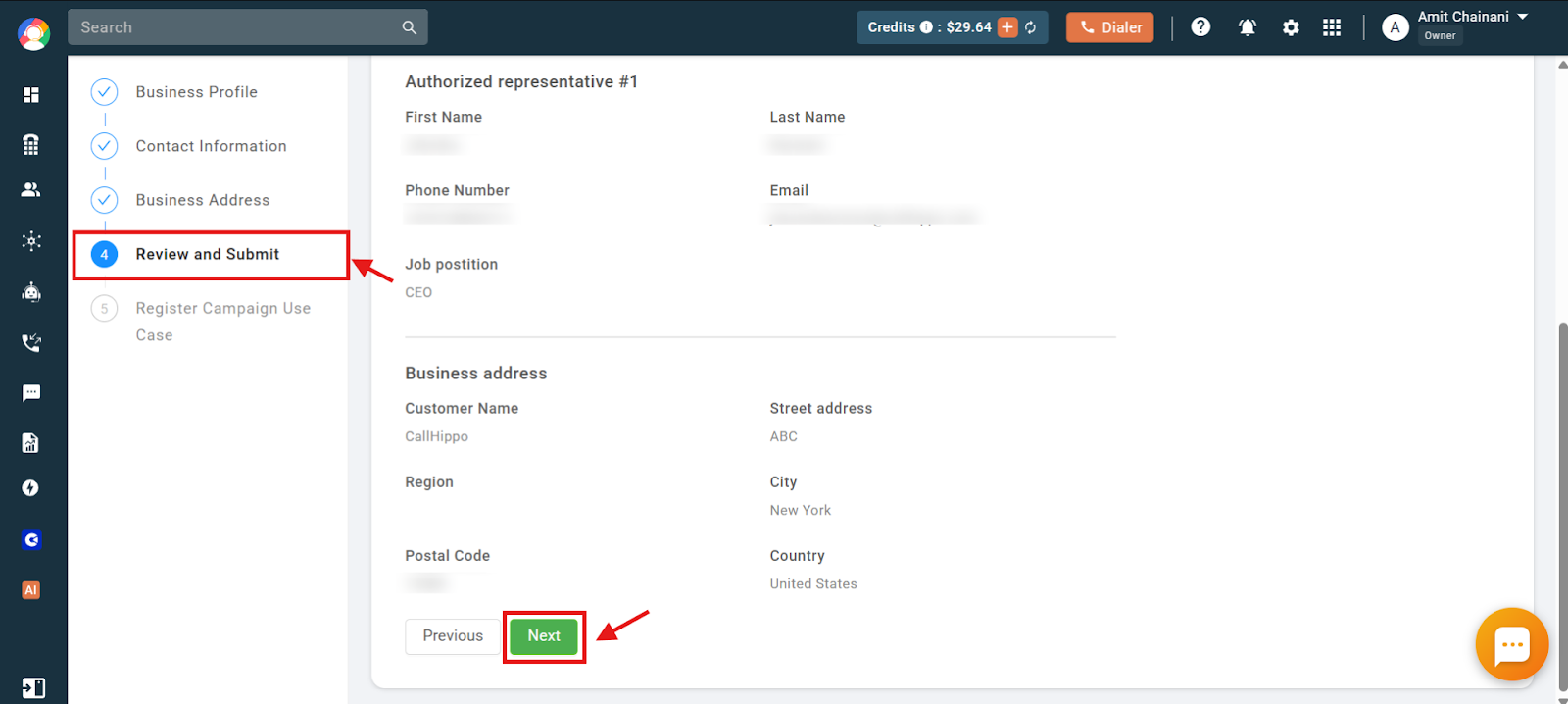 Review and Submit step of the SMS verification form