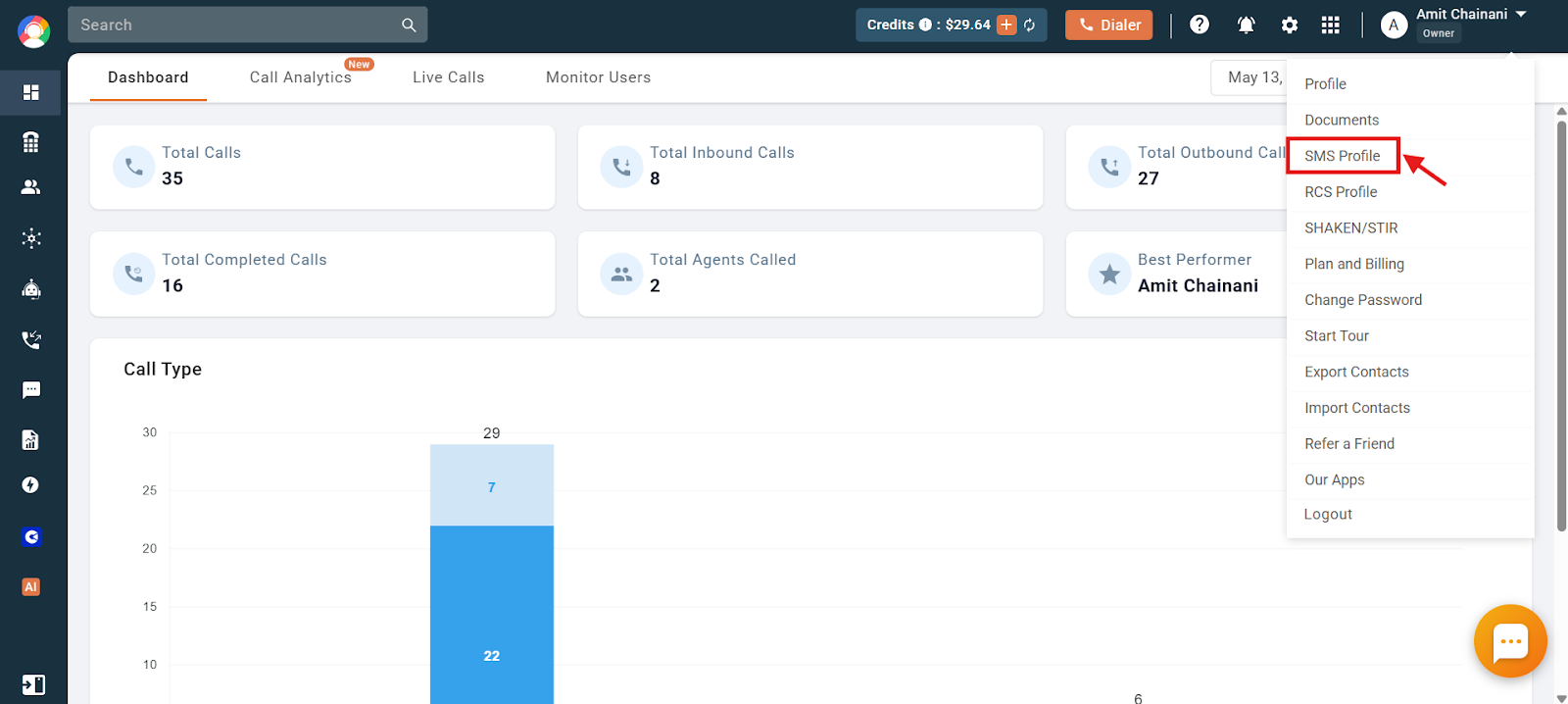Selecting SMS Profile from the CallHippo profile menu