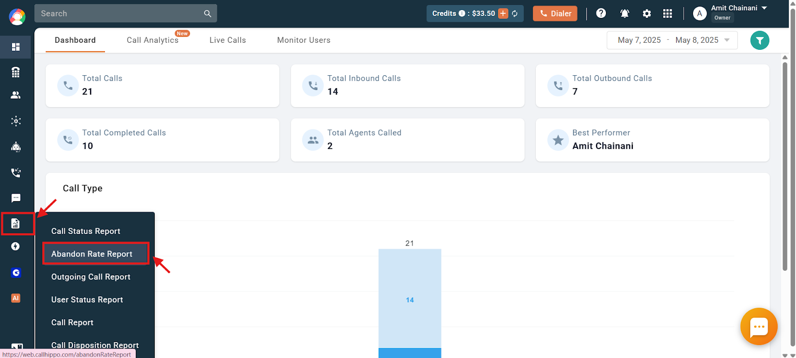 CallHippo Reports menu with Abandon Rate Report option highlighted