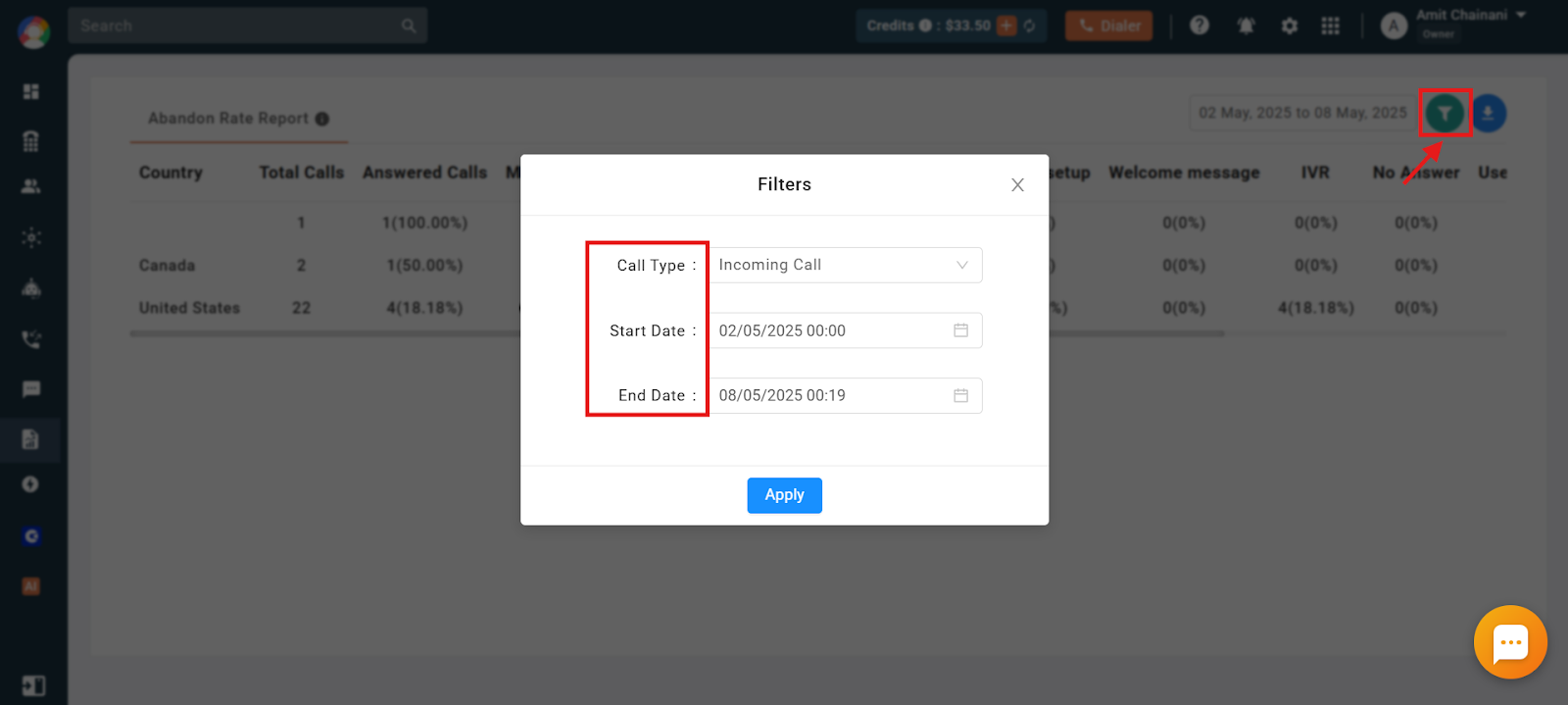 Abandonment Rate Report filter dialog with call type and date range fields
