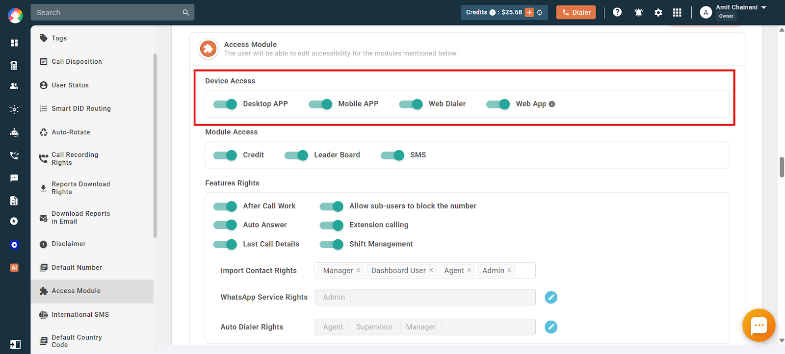 Device Access toggles for Desktop, Mobile, Web Dialer and Web App