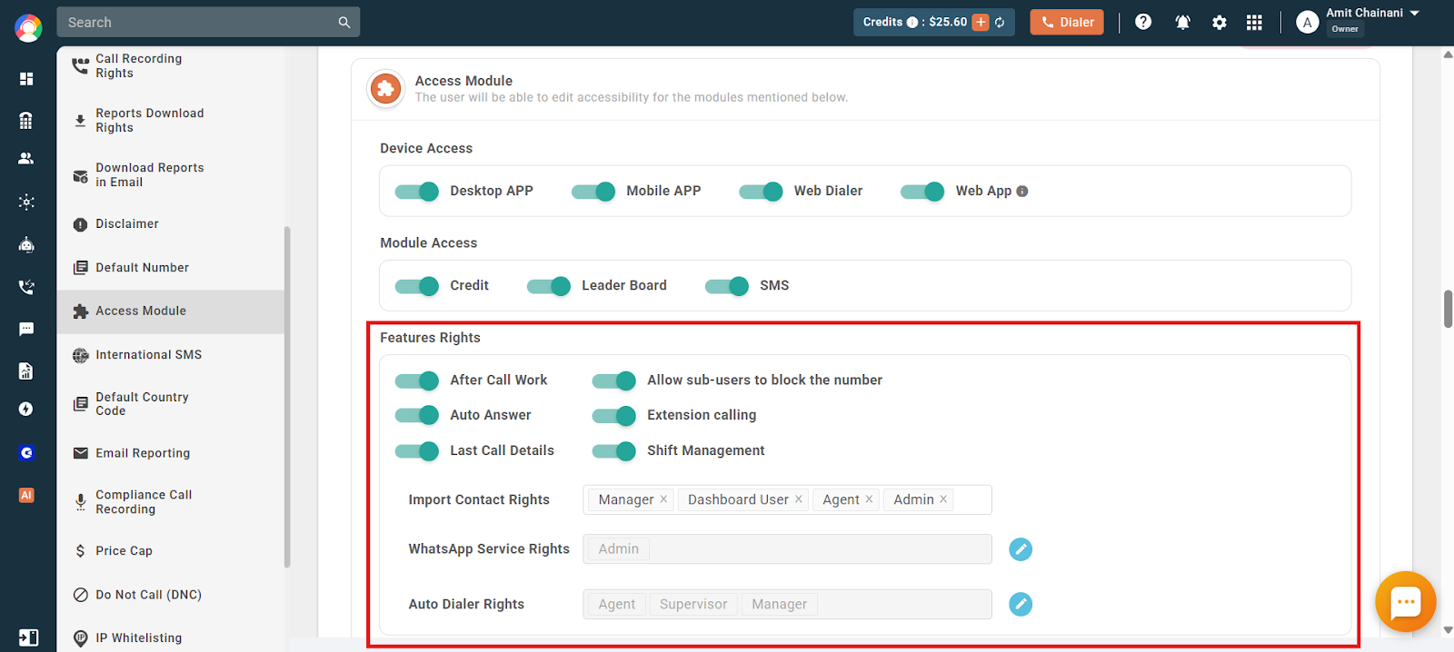 Feature Rights toggles and role assignments in the Access Module