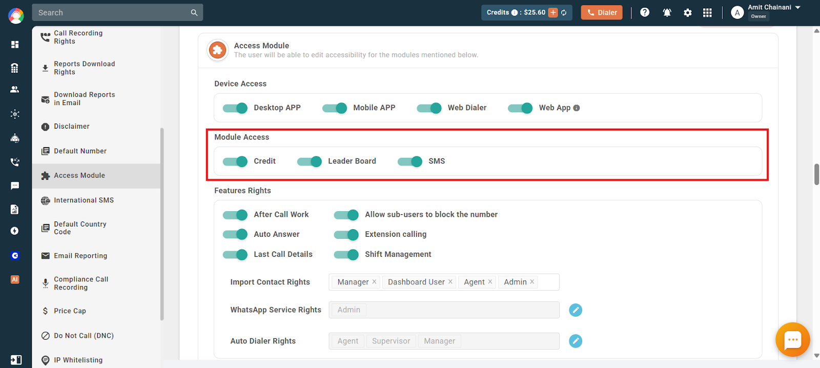 Module Access toggles for Credit, Leaderboard and SMS