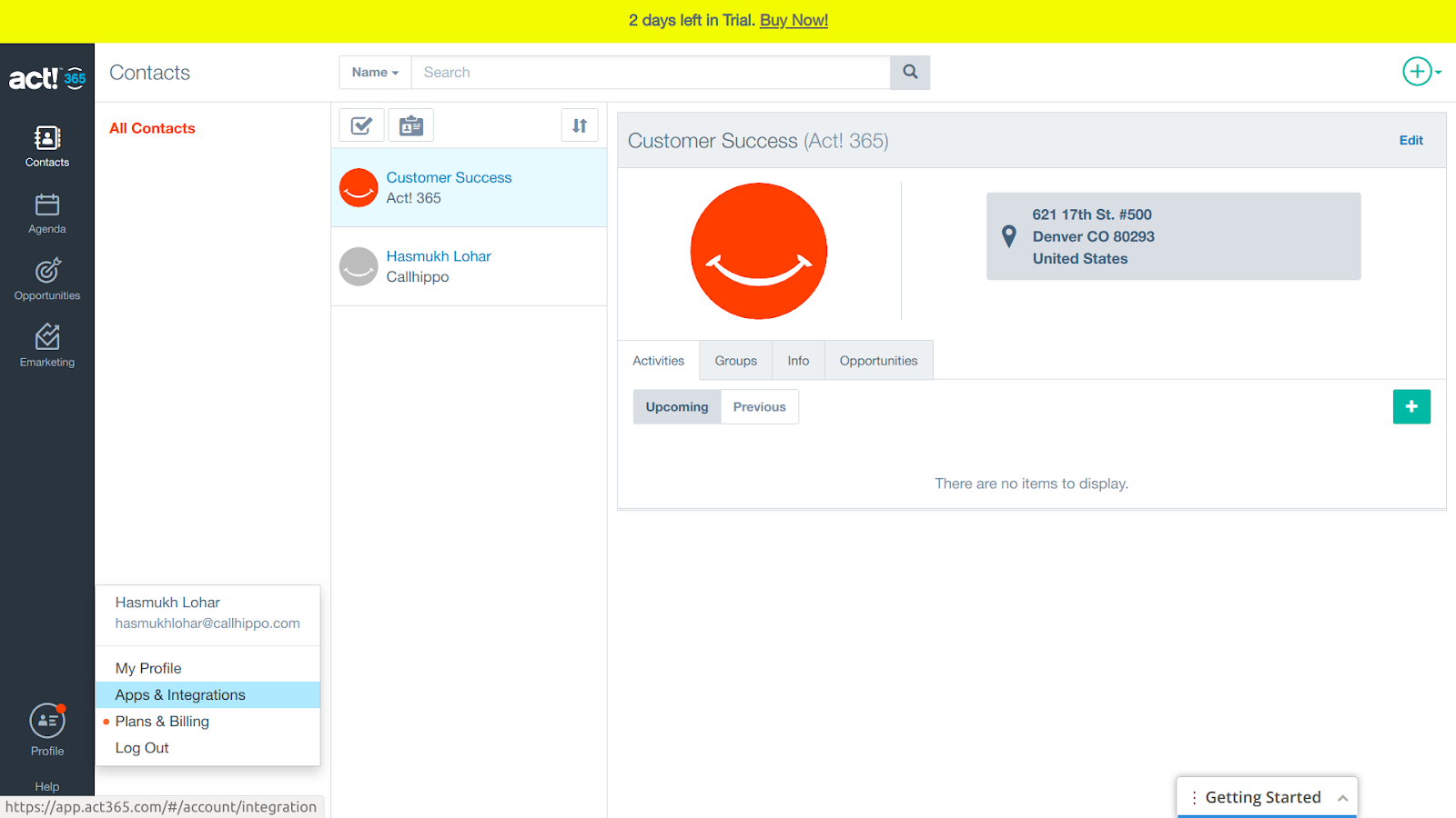 Act! 365 profile menu with Apps and Integrations highlighted