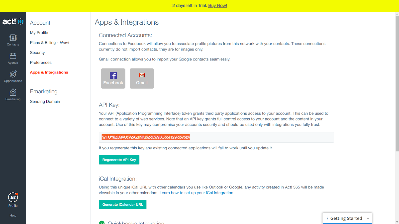 Act! 365 Apps and Integrations page showing the API Key field to copy