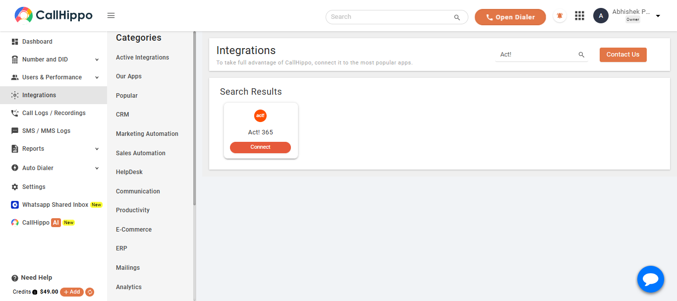 CallHippo integrations search showing the Act! 365 Connect button