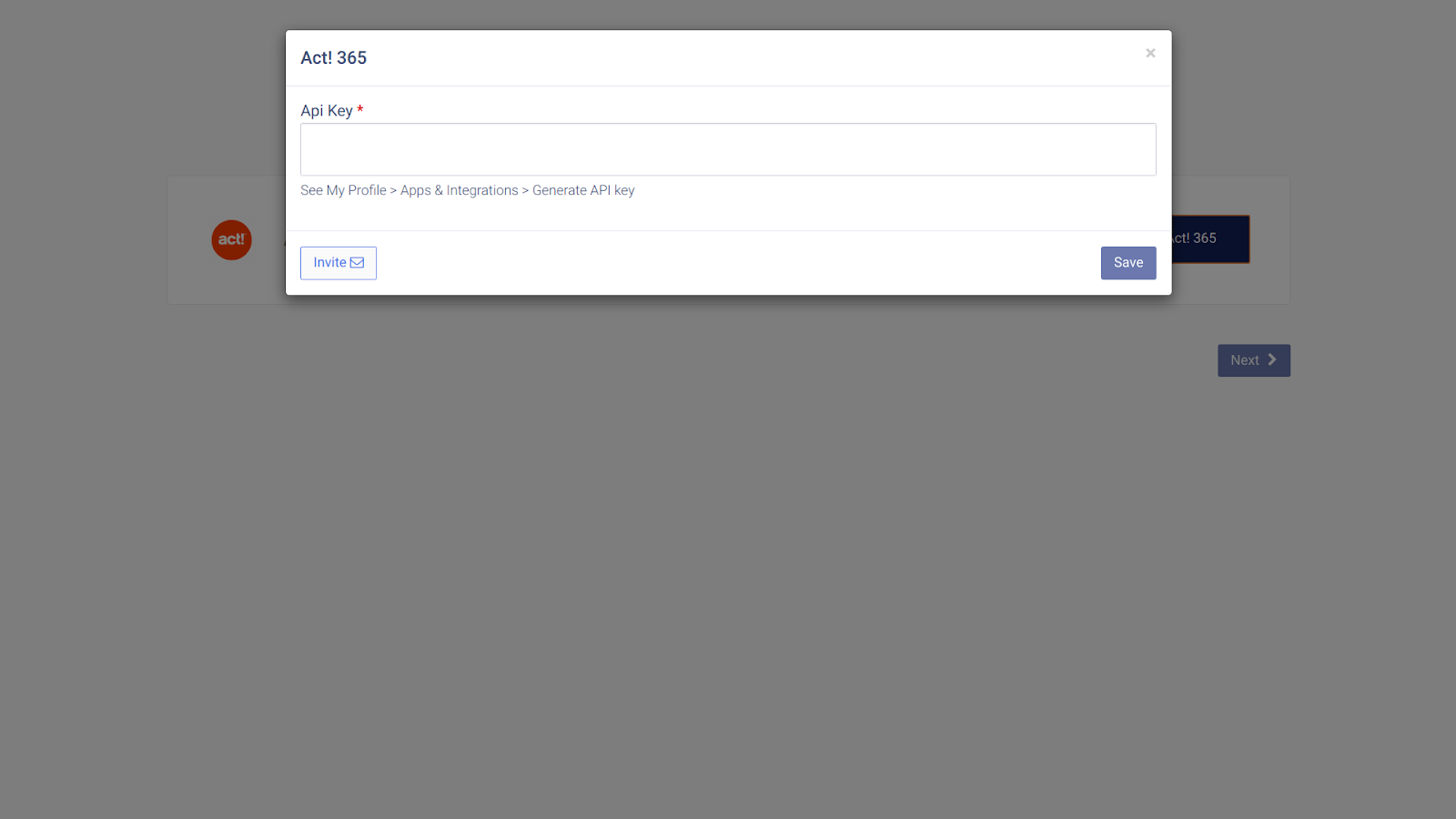 CallHippo Act! 365 dialog with the API Key field to paste your key