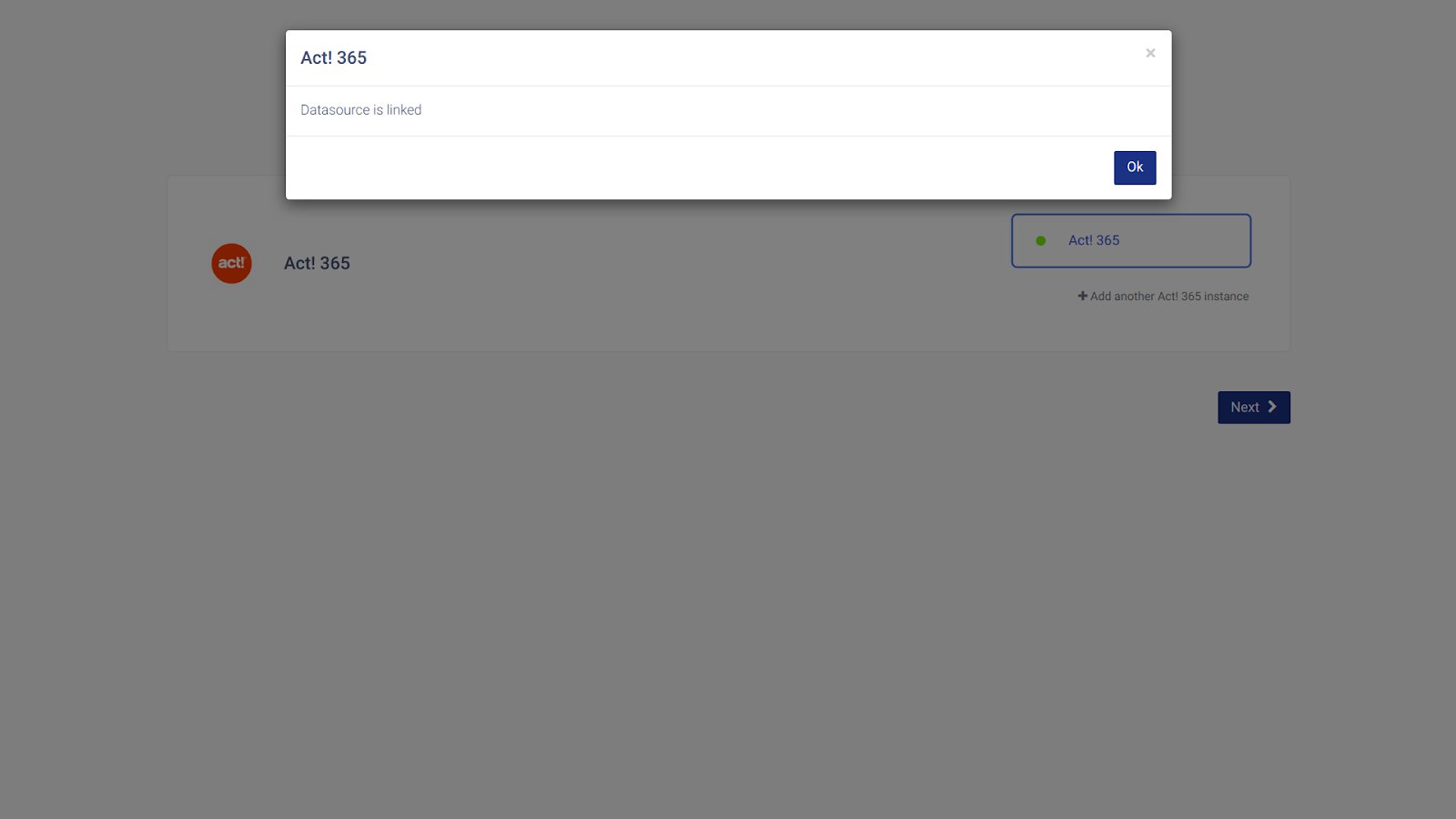 CallHippo Act! 365 dialog showing the Datasource is linked confirmation