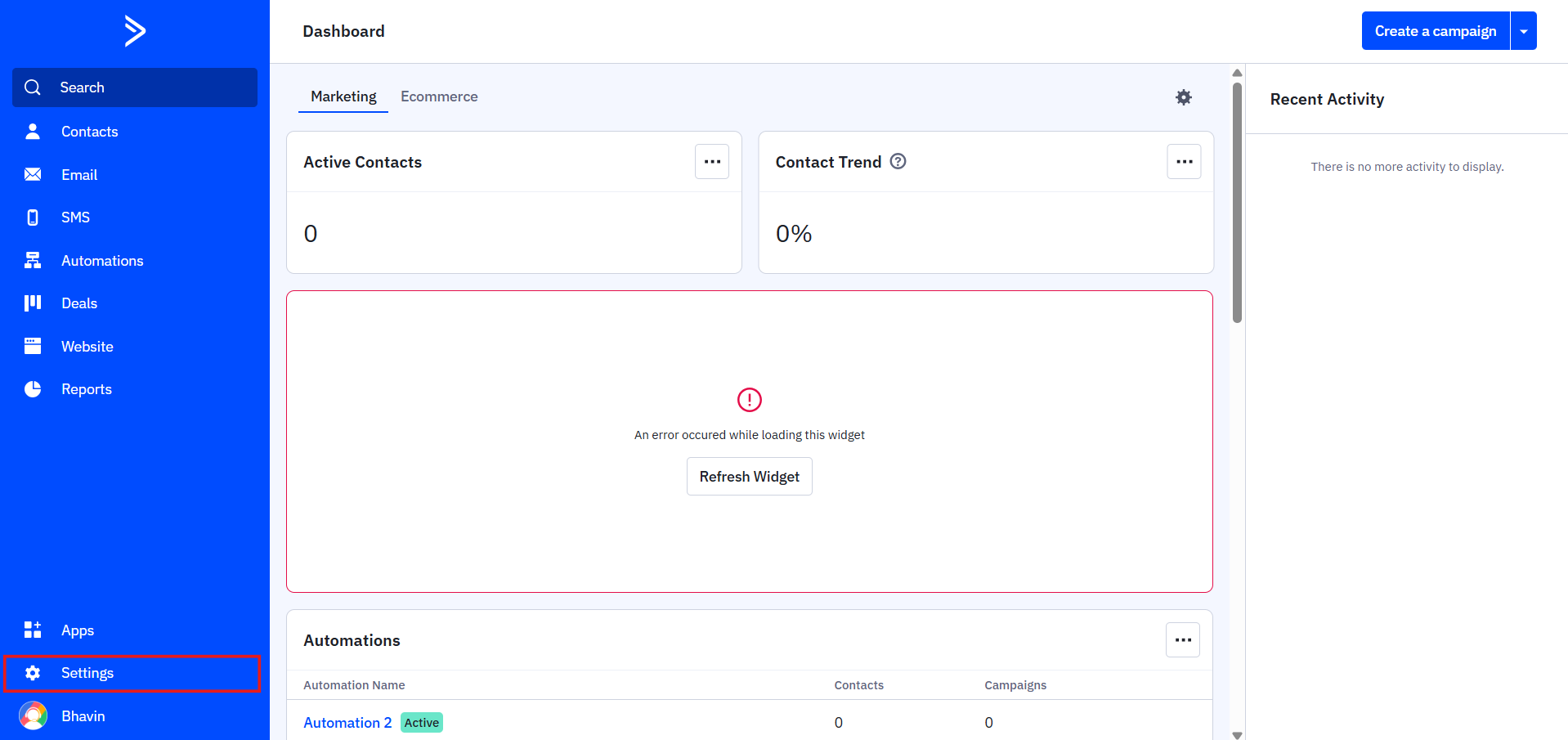 ActiveCampaign dashboard with Settings option highlighted in left menu