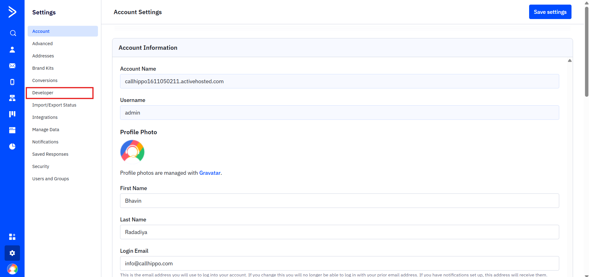 ActiveCampaign Account Settings with Developer tab highlighted