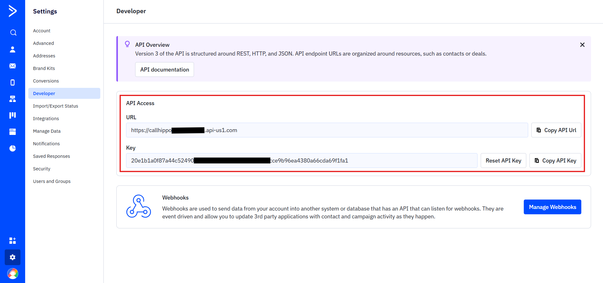 ActiveCampaign Developer page showing API Access URL and Key