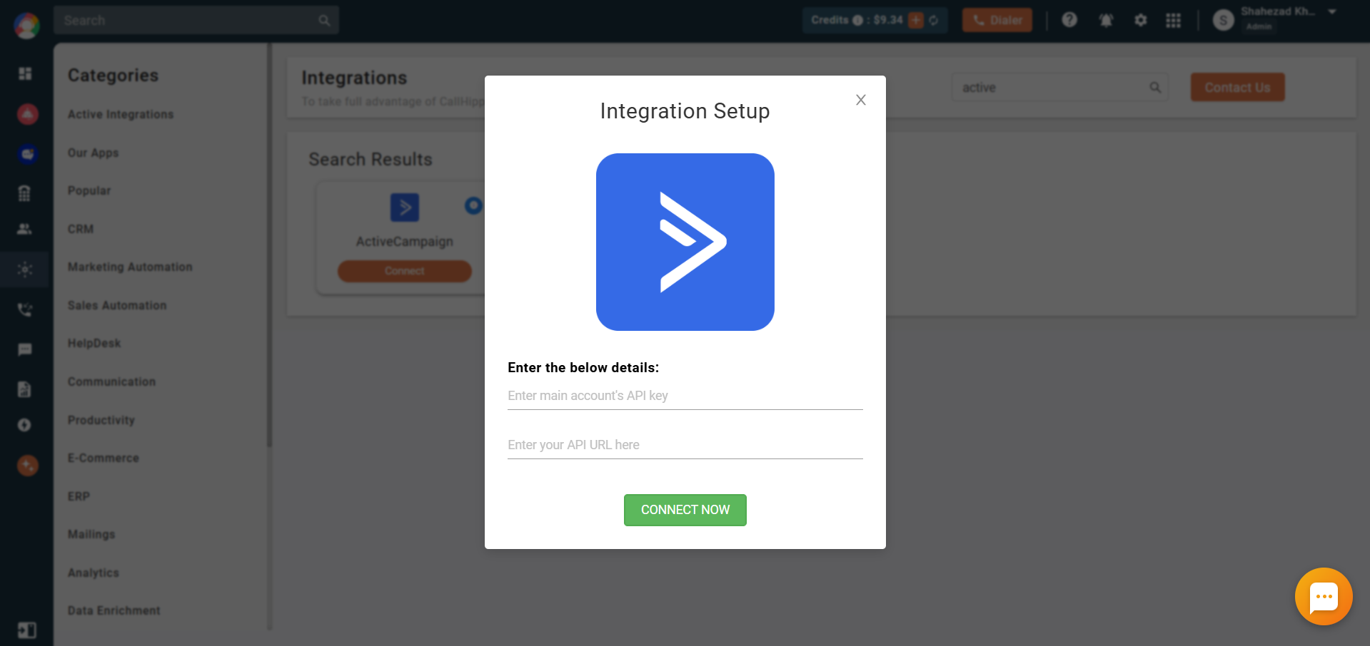 CallHippo ActiveCampaign Integration Setup popup with API key and API URL fields