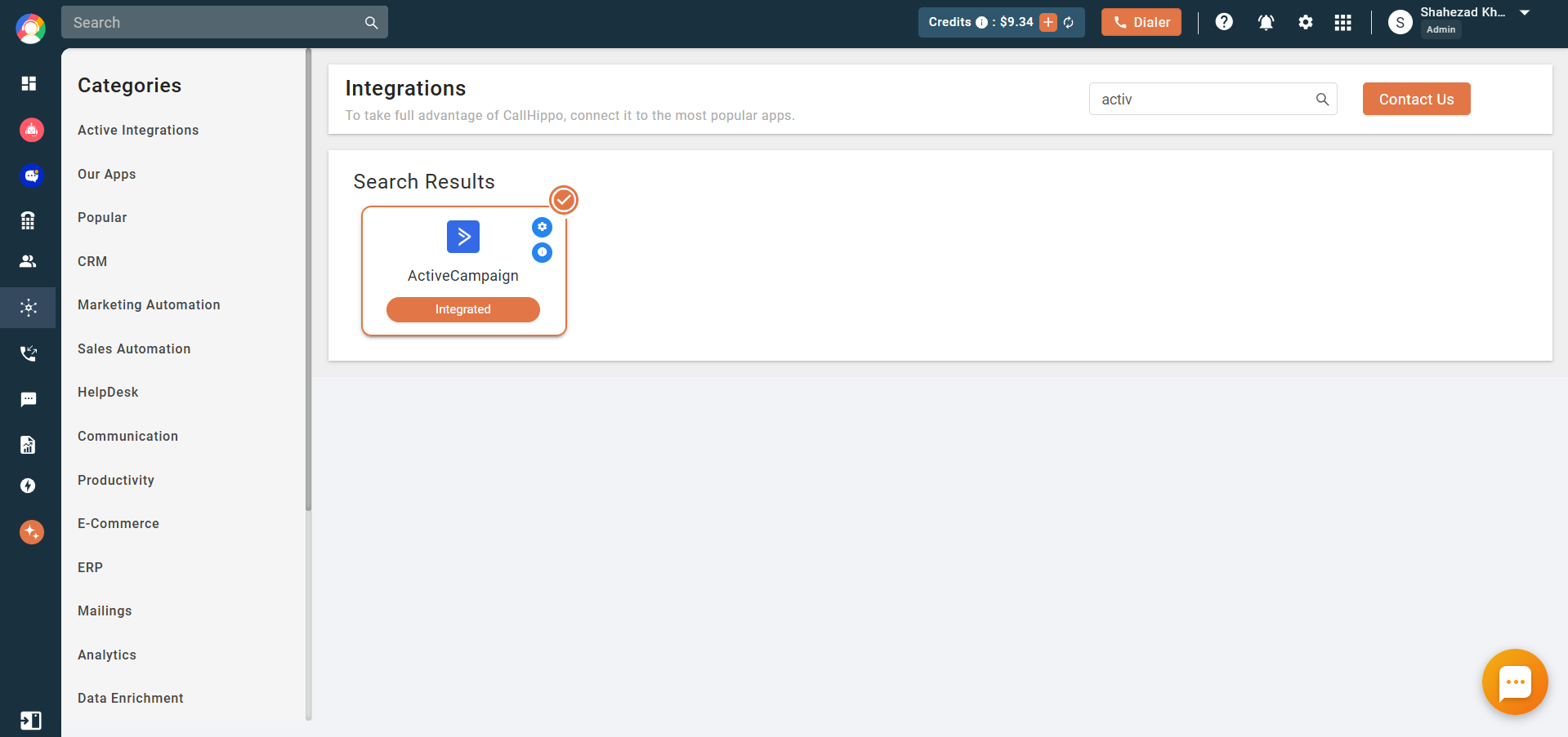 CallHippo Integrations showing ActiveCampaign status changed to Integrated