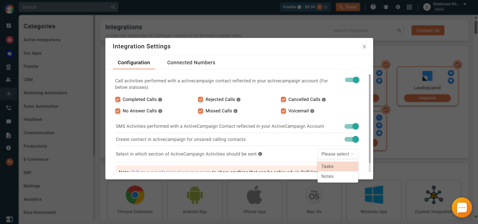 CallHippo ActiveCampaign Integration Settings with call and SMS activity toggles and section selector