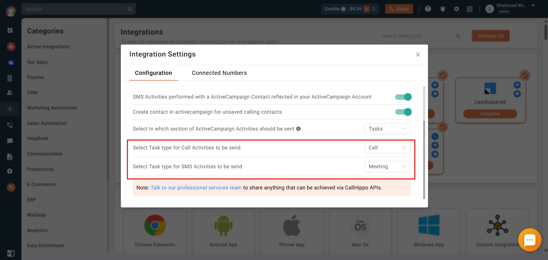 CallHippo ActiveCampaign settings with task type selection for call and SMS activities