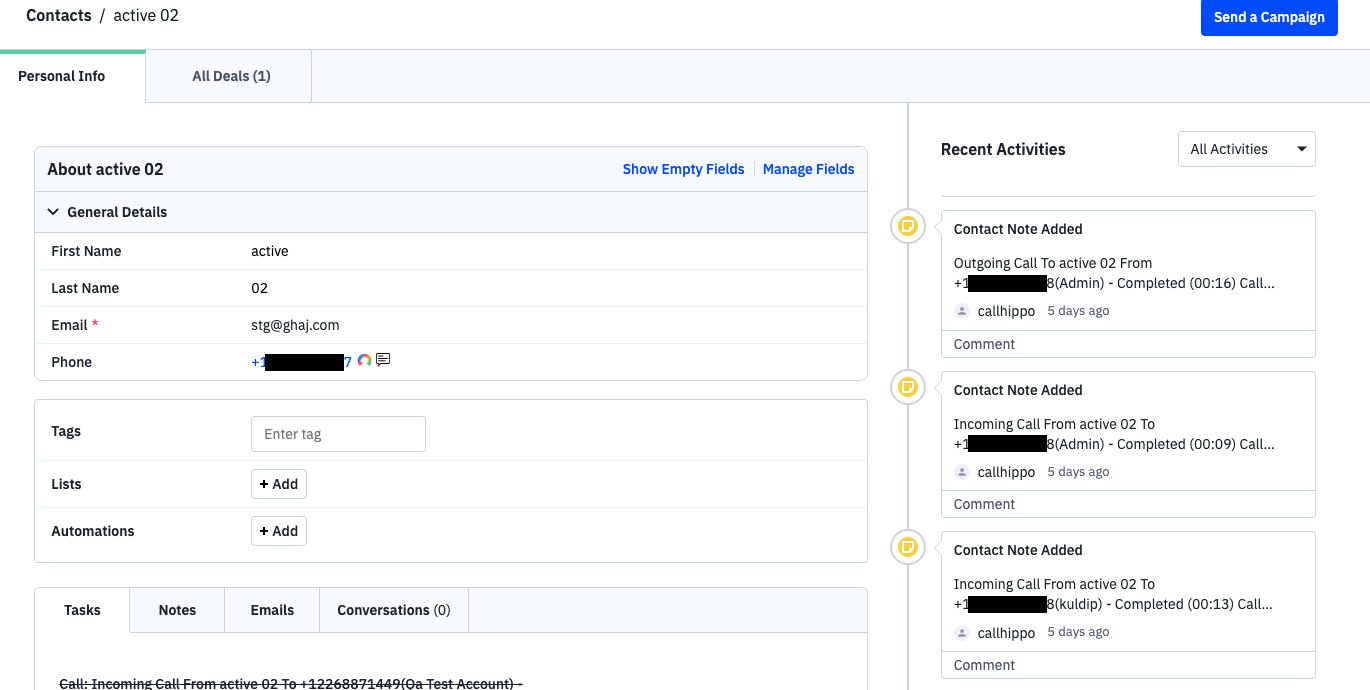 ActiveCampaign contact Recent Activities showing call notes logged by CallHippo