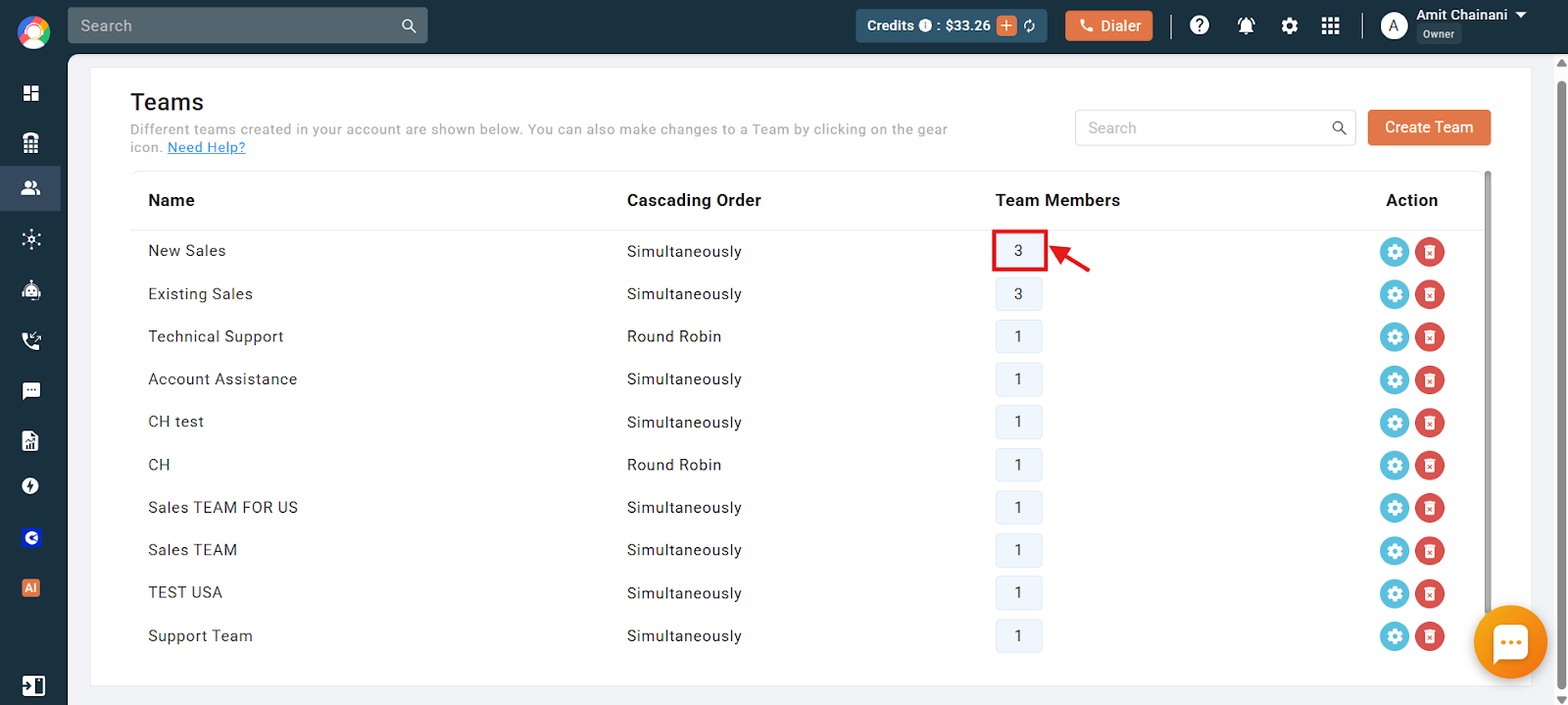 CallHippo Teams list showing the updated Team Members count