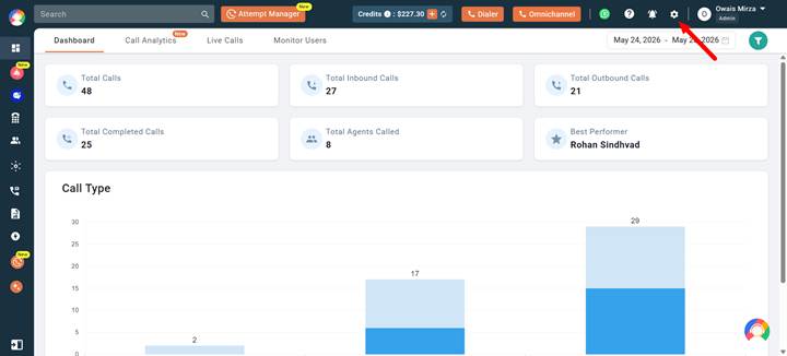 CallHippo dashboard with the Settings gear icon highlighted in the top-right corner