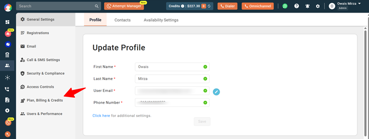 General Settings page with Plan, Billing and Credits highlighted in the left menu