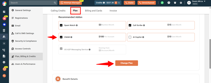 Plan tab showing recommended add-ons with checkboxes and the Change Plan button