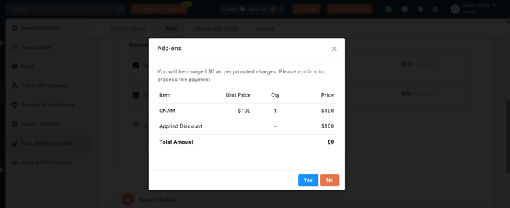 Add-ons confirmation popup showing prorated pricing details with Yes and No buttons