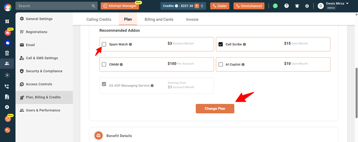 Plan tab with an add-on unchecked and the Change Plan button highlighted to remove it
