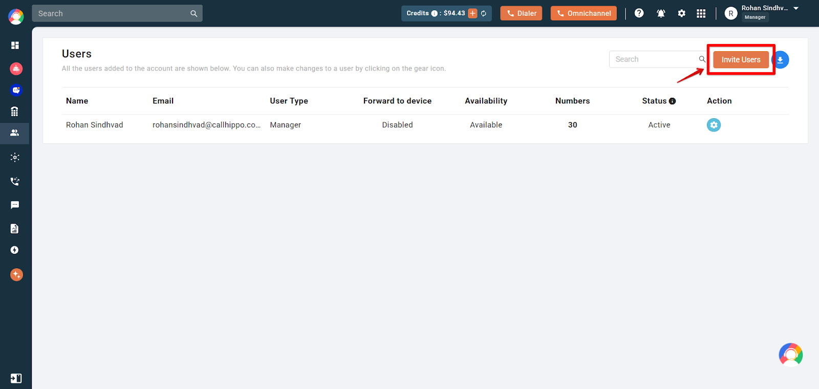CallHippo Users page with the Invite Users button highlighted in the top right corner