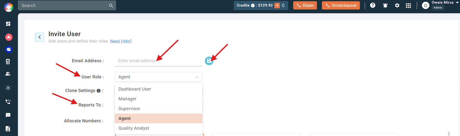 Invite User form showing the Email Address field, User Role dropdown, and Reports To field
