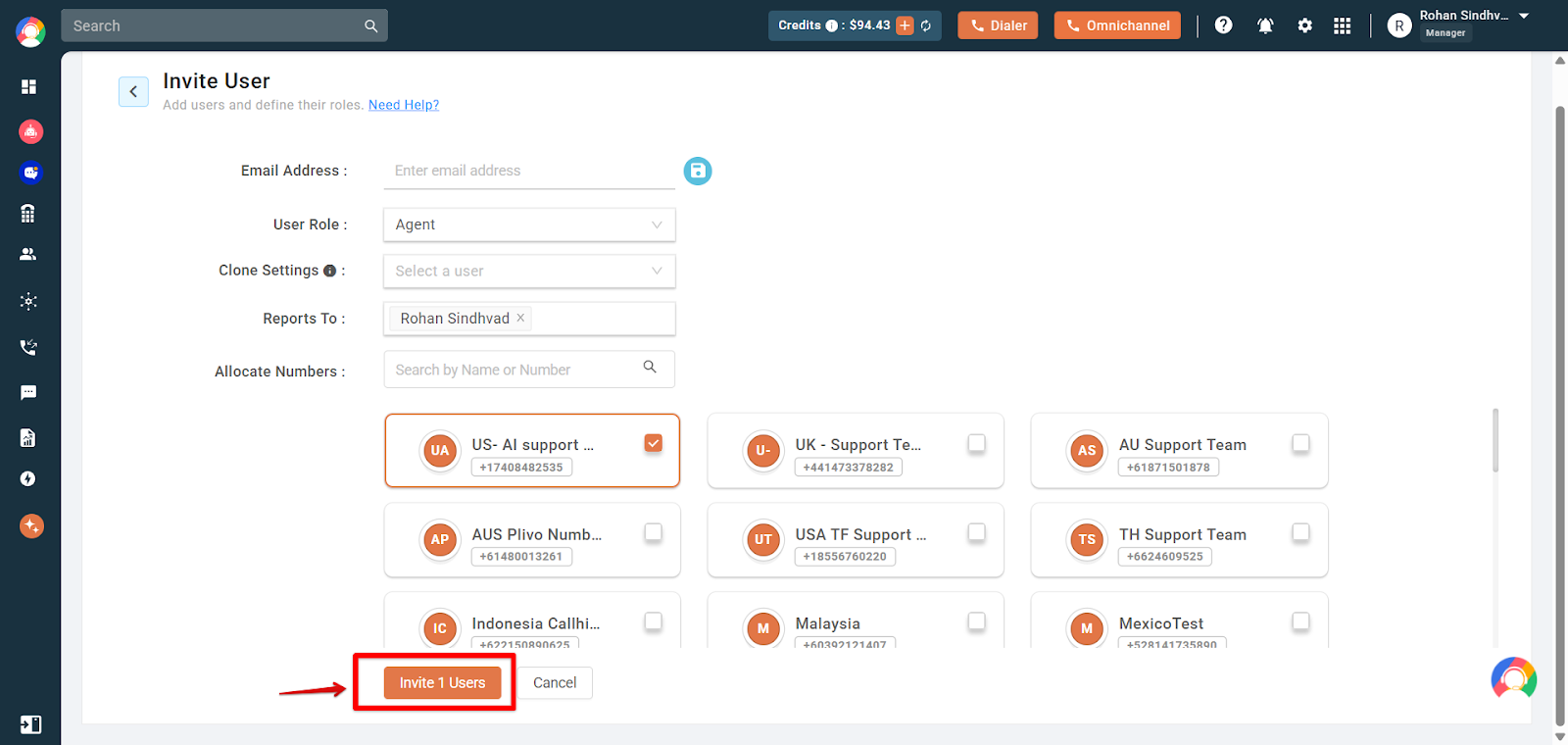 Invite User form with numbers selected in the Allocate Numbers section and the Invite 1 Users button highlighted