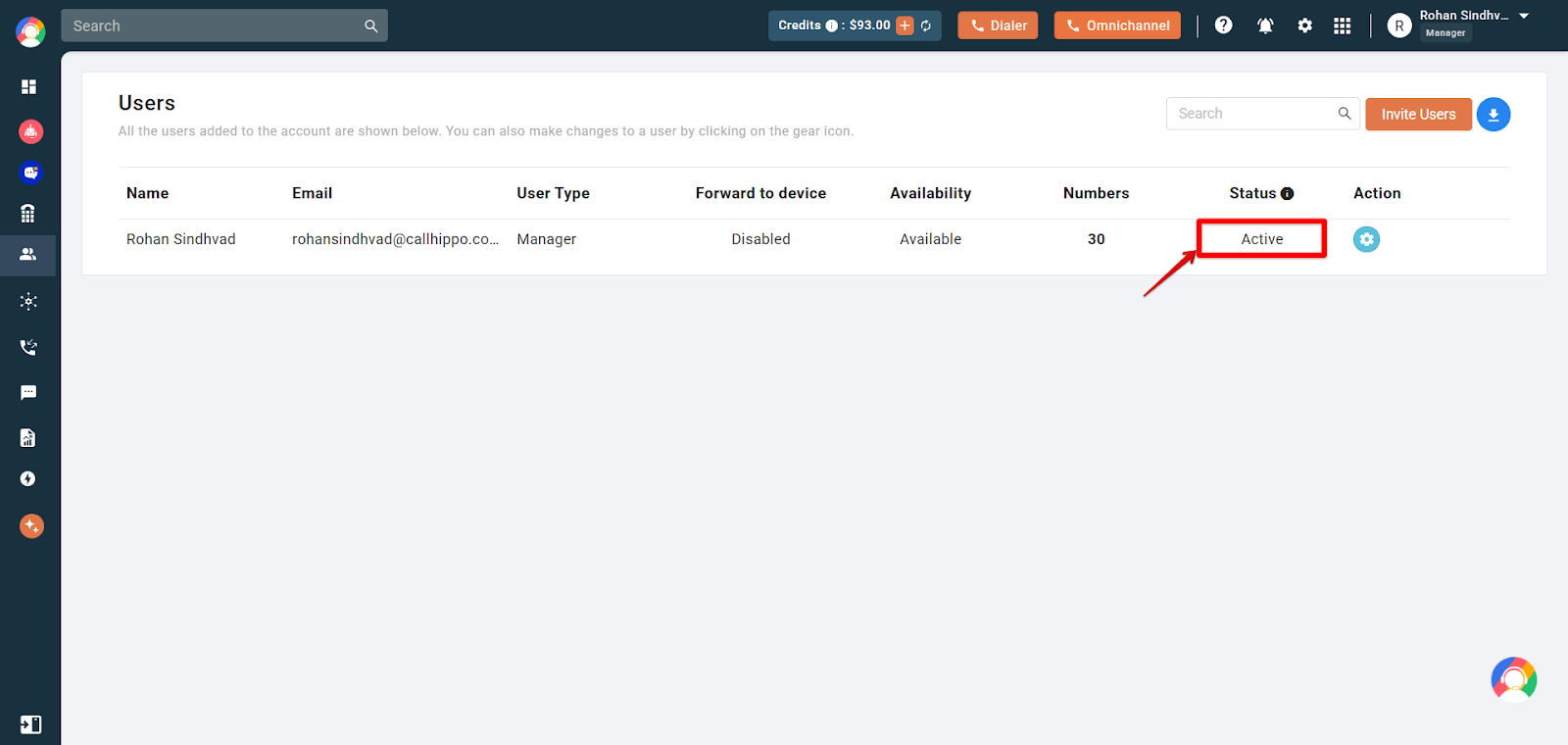 CallHippo Users list with the user Status column highlighted