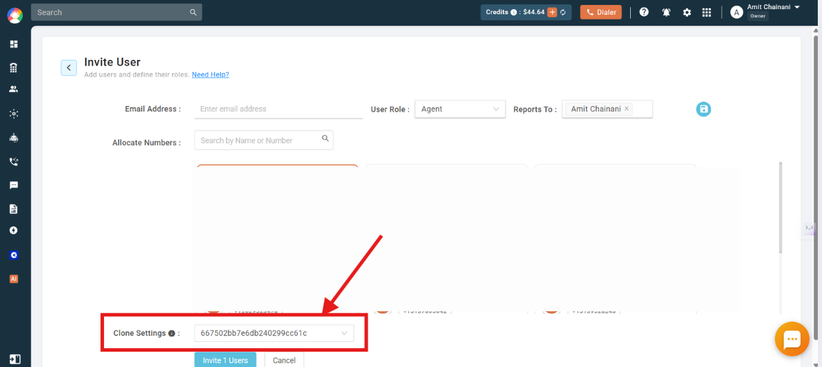 Invite User form with the Clone Settings dropdown highlighted