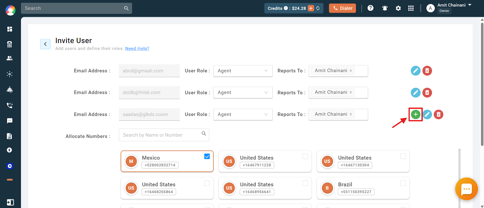 Invite User form with several email rows and the green plus button highlighted to add another user