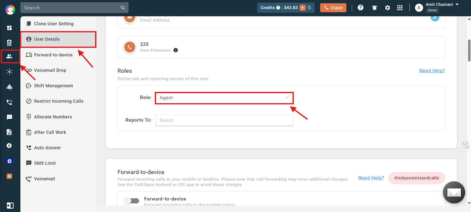 User Details tab with the Role dropdown highlighted under the Roles section