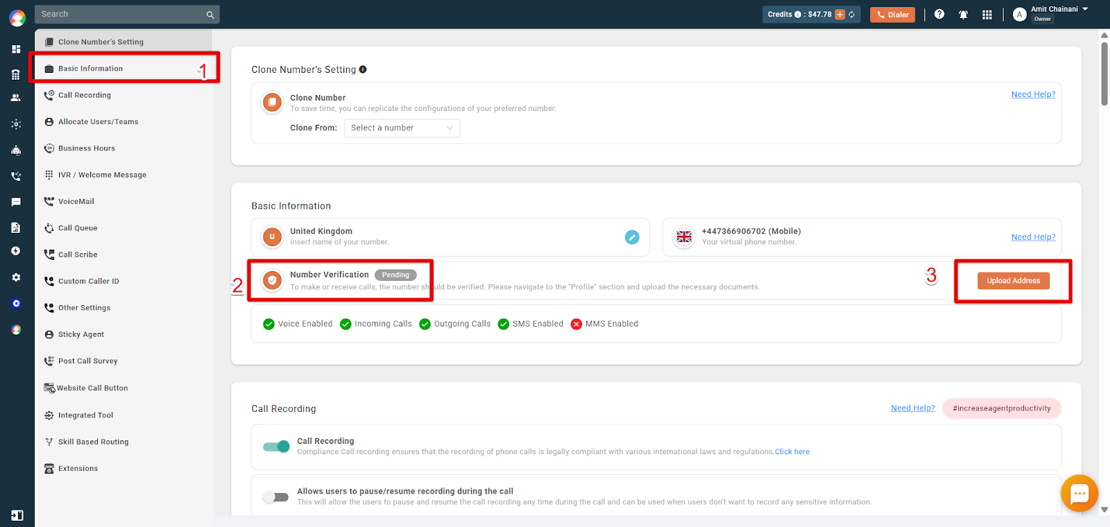Number settings Basic Information section showing Number Verification status Pending and the Upload Address button