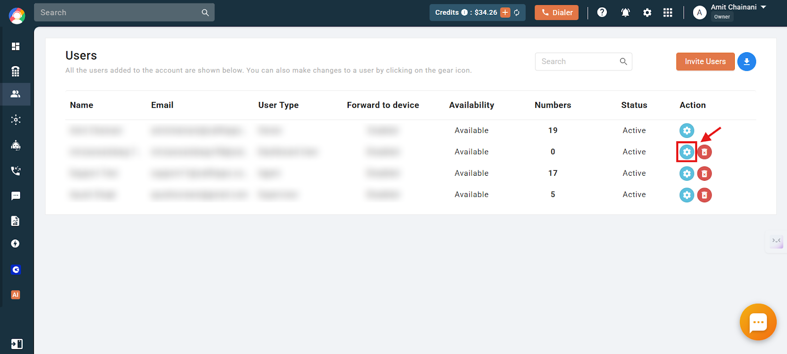 CallHippo Users list with the settings gear icon highlighted in the Action column