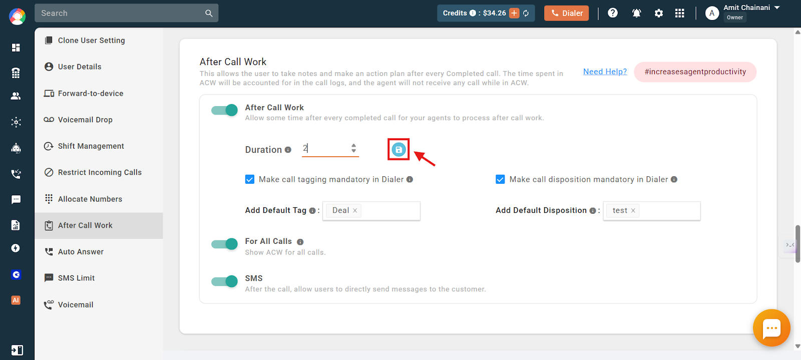 ACW settings showing the duration field being saved with default tag and disposition set