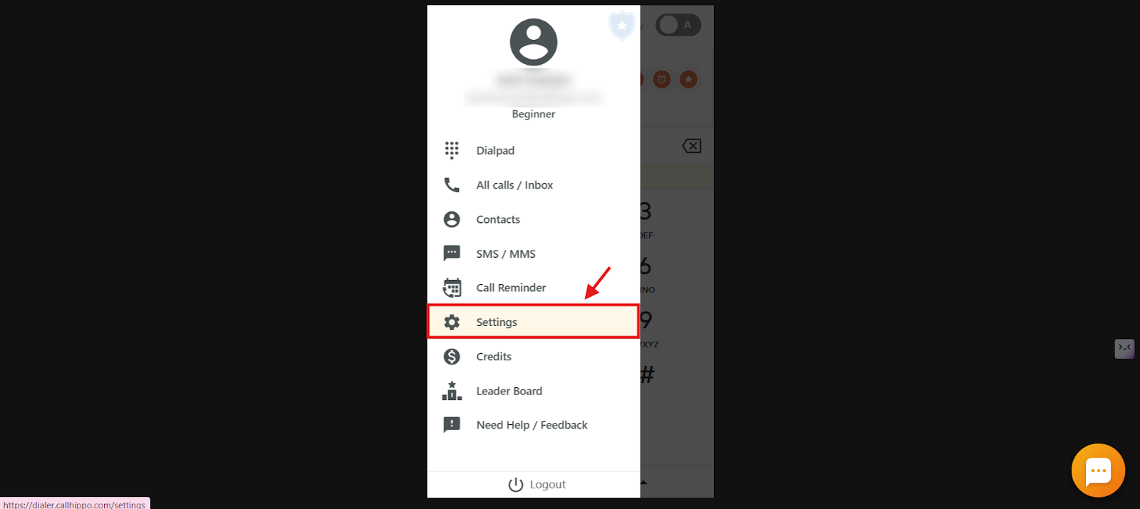Dialer menu open with the Settings option highlighted