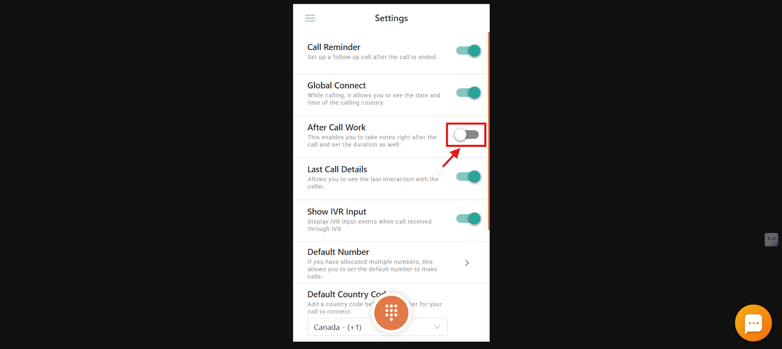 Dialer settings with the After Call Work toggle highlighted